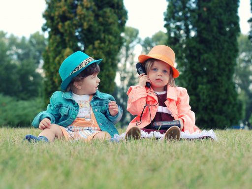 two toddlers sitting on grass field